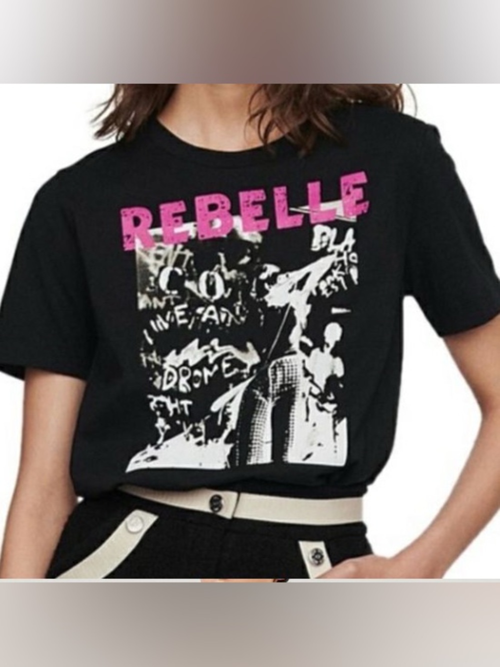 MAJE Tarik Rebelle Graphic Tee Shirt Black Pink